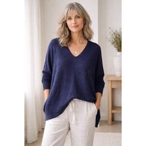 Eileen Fisher Womens Sweater Sz Medium Navy Blue Organic Cotton Linen Minimalist